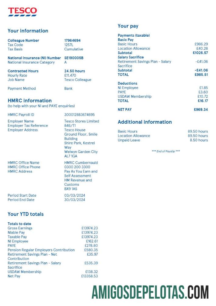 Em branco Reino Unido Tesco armazena modelo de recibo de pagamento em formatos Word e PDF.pdf, 2